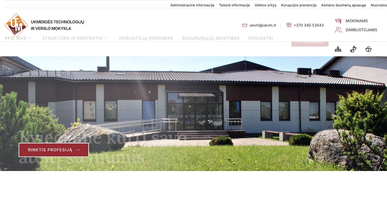 Ukmergės technologijų ir verslo mokykla · Website screenshot