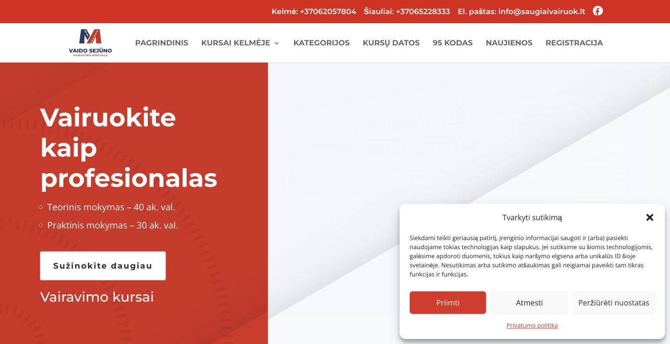 Vaido Sejūno vairavimo mokykla · Website screenshot