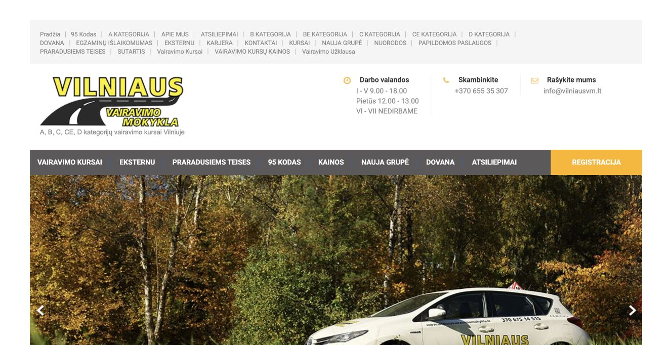 Vilniaus vairavimo mokykla · Website screenshot
